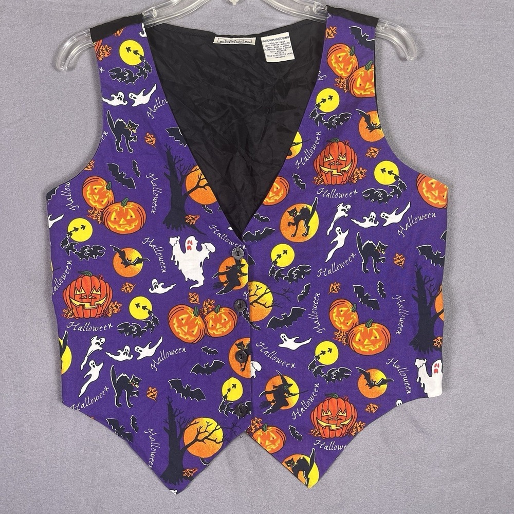 Basic Editions Halloween Vest Womens Medium Purple Pumpkin Ghost Witchy Vintage